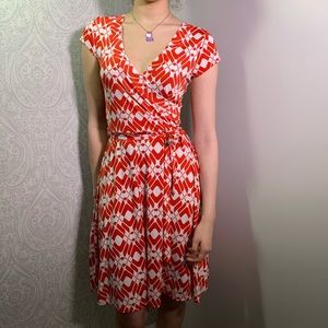 XX3 vintage faux wrap dress in orange and white.
